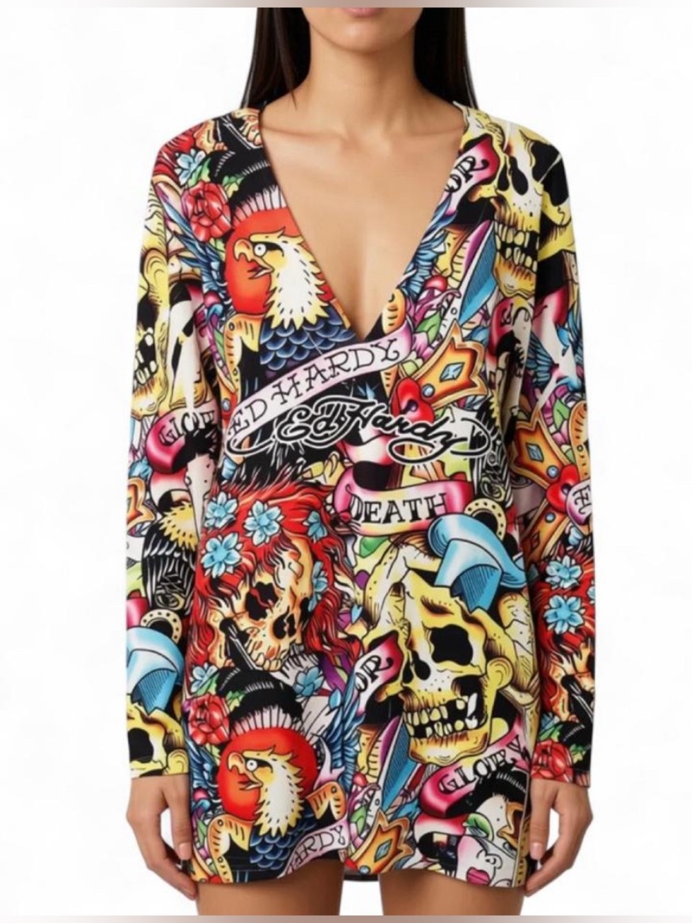 Vintage Ed Hardy Death & Glory Tattoo All Over Print Dress Medium EUC